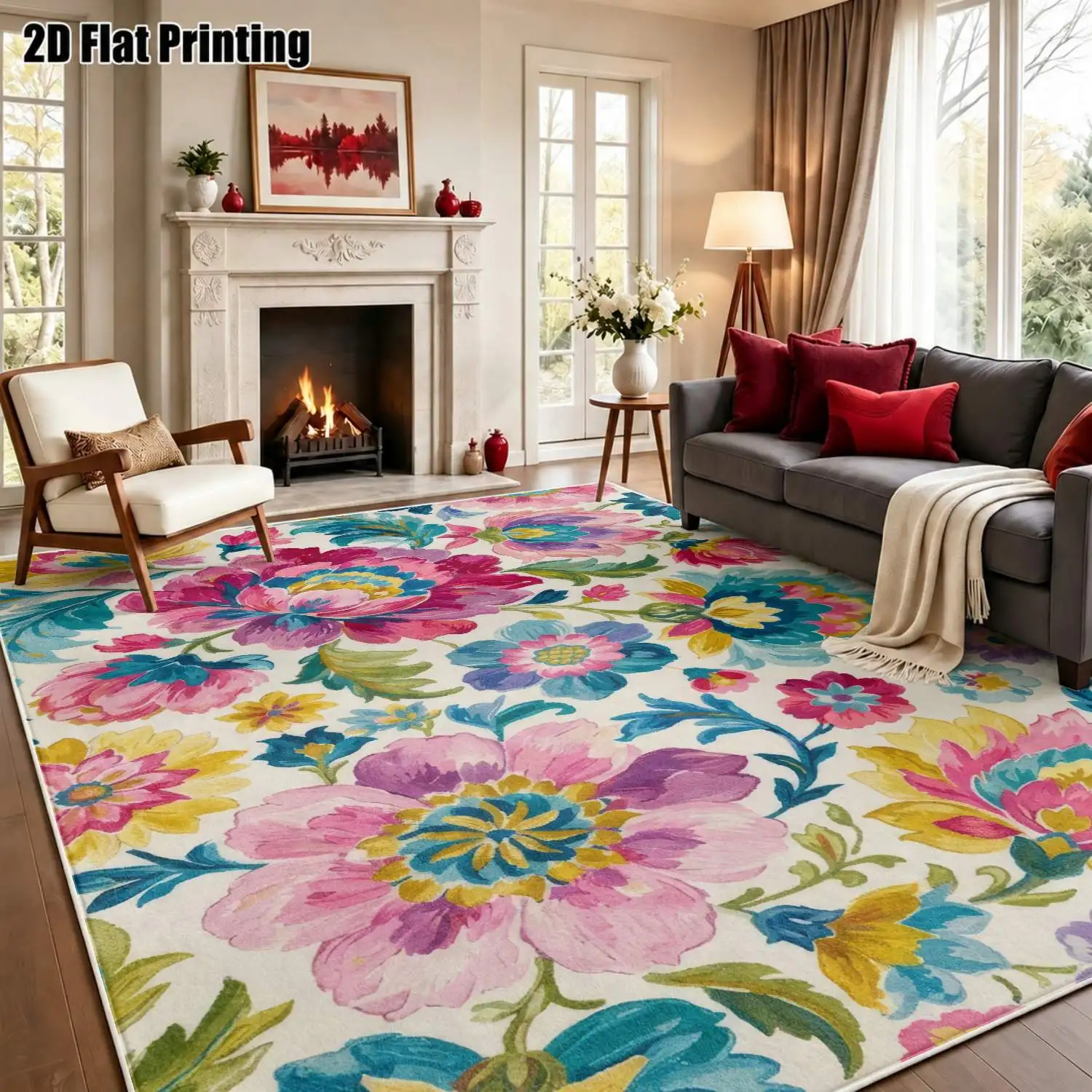 1Pc 2D Printed Velvet Carpet with Colorful Floral Patterns, European/Bohemian Style, Home Decor, Multiple Sizes, Machine Washable, Multi-Use Mats