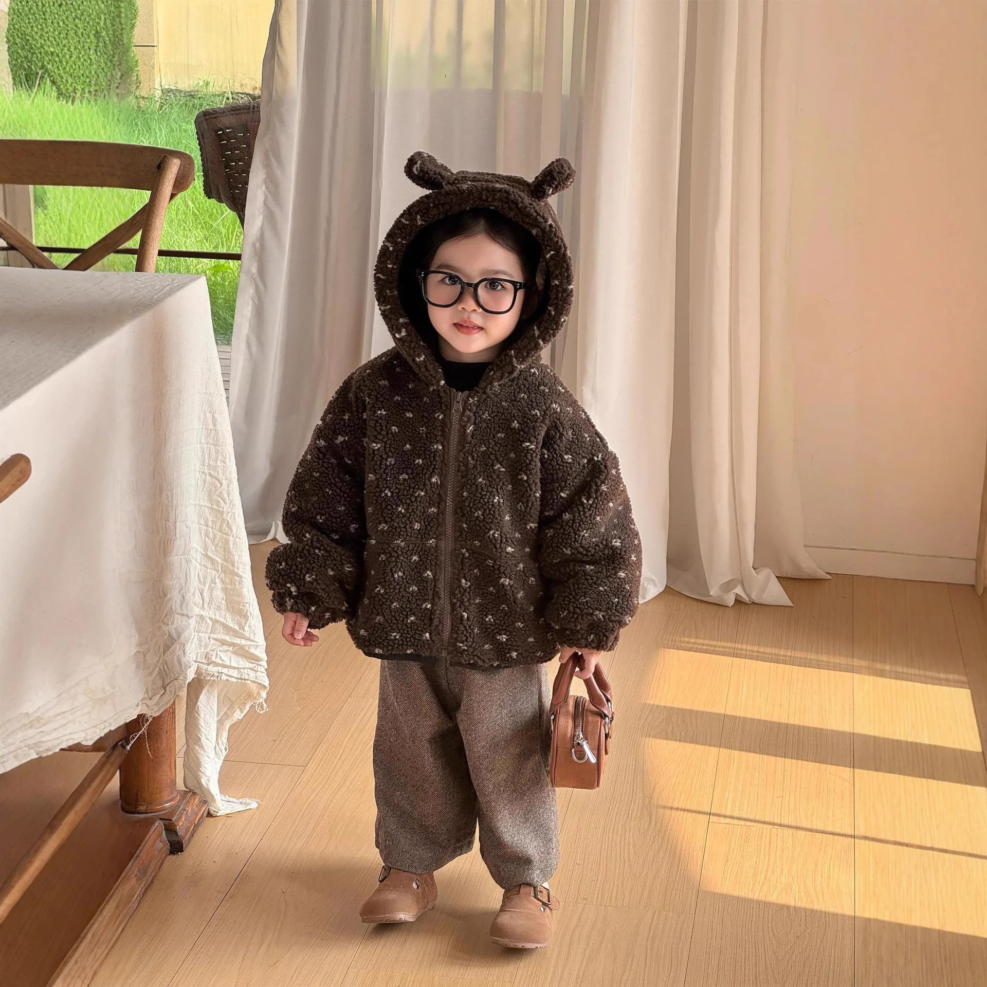 Baby Girl Winter New Style Cute Ears Hat Fashion and Cute Thick Brown Keep Warm Zipper Comfortable Kids Clothes