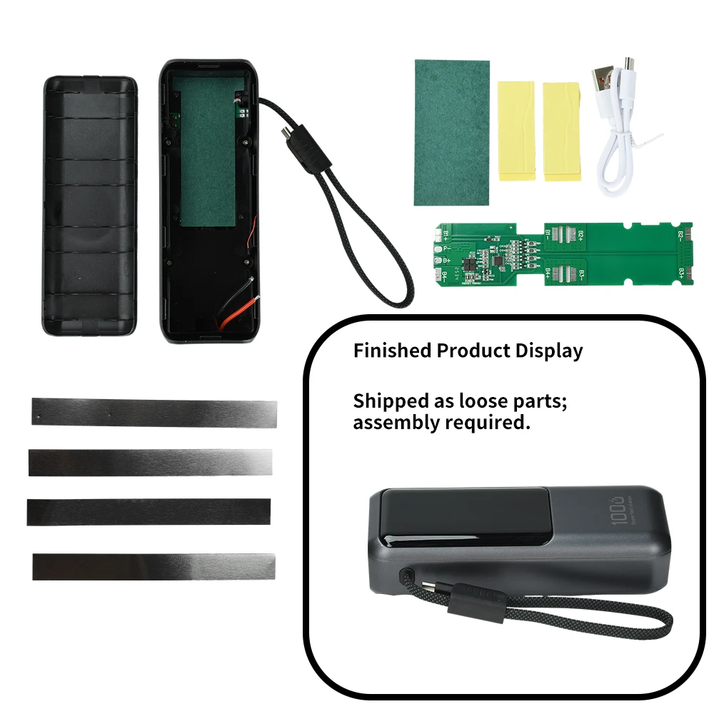 100 W PD-Schnelllade-Powerbank-Gehäuse, DIY-Kit, 4-Zellen-21700-Batteriegehäuse mit integriertem Kabel, graues Powerbank-Gehäuse