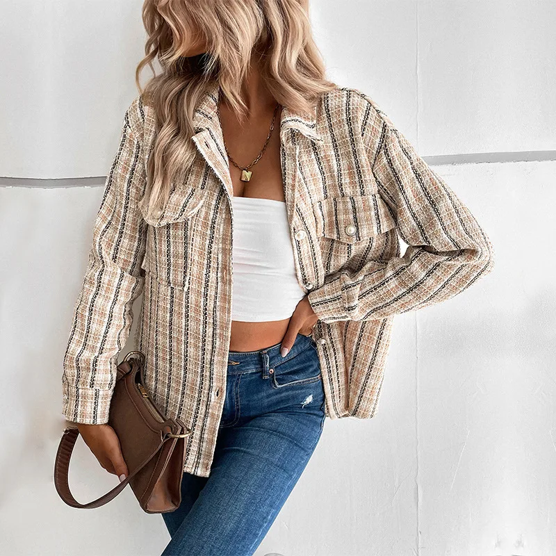 Vintage Plaid Jackets Women Clothes Autumn Winter Coat Long Sleeve Turn Down Collar Button Jacket Ladies Casual Outwear Coats