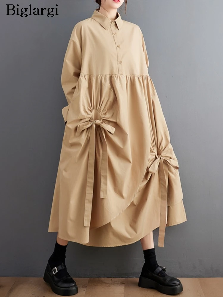 

Oversized Autumn Midi A-Line Dress Women Irregular Pleated Fashion Casual Loose Ruffle Ladies Dresses Long Sleeve Woman Dress