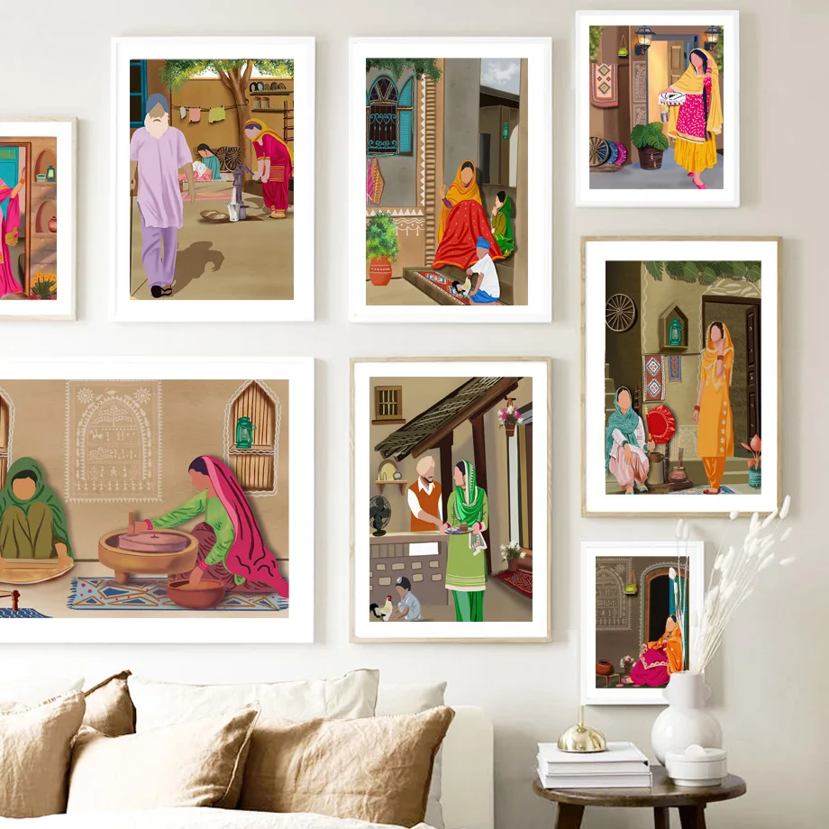 Punjaban Sikh Ethnic Wall Art Mural Women Canvas Painting Traditional Indian Poster Print Pictures For Living Room Home Decor