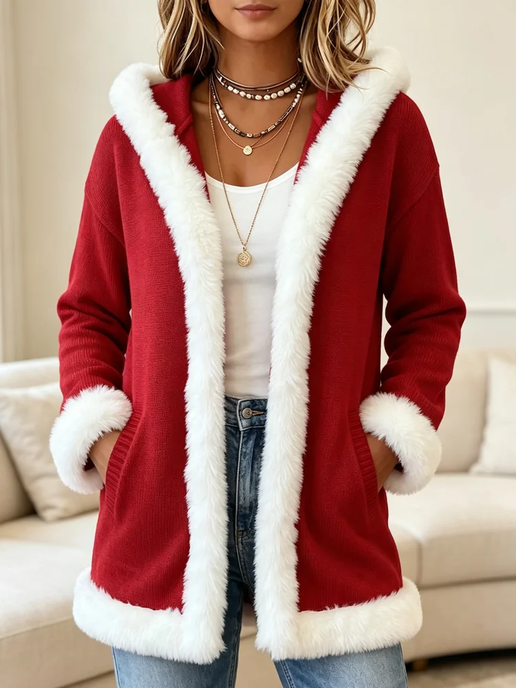 Women's Christmas Red Knit Cardigan Coat with White Faux Fur Trim, Long Sleeve Open Front Winter Sweater Jacket