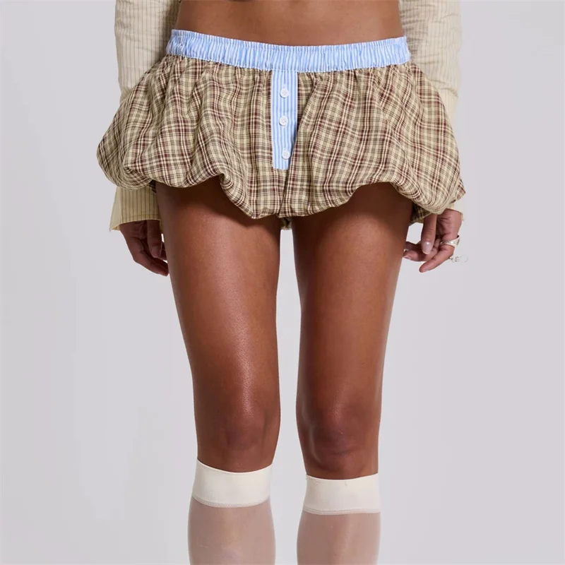 Khaki Mini Skirts Women A-line Casual Fashion Vintage Y2k Skirt Sweet Plaid Puff Skirt 2024 Summer New Female Jupe Streetwear