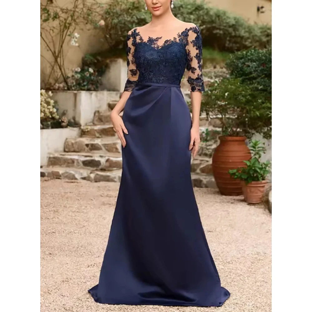 Navy Mother of The Bride Dress Illusion Neck Appliqued Half Sleeves Mermaid Evening Gowns  Satin Robe De Soiree Customized