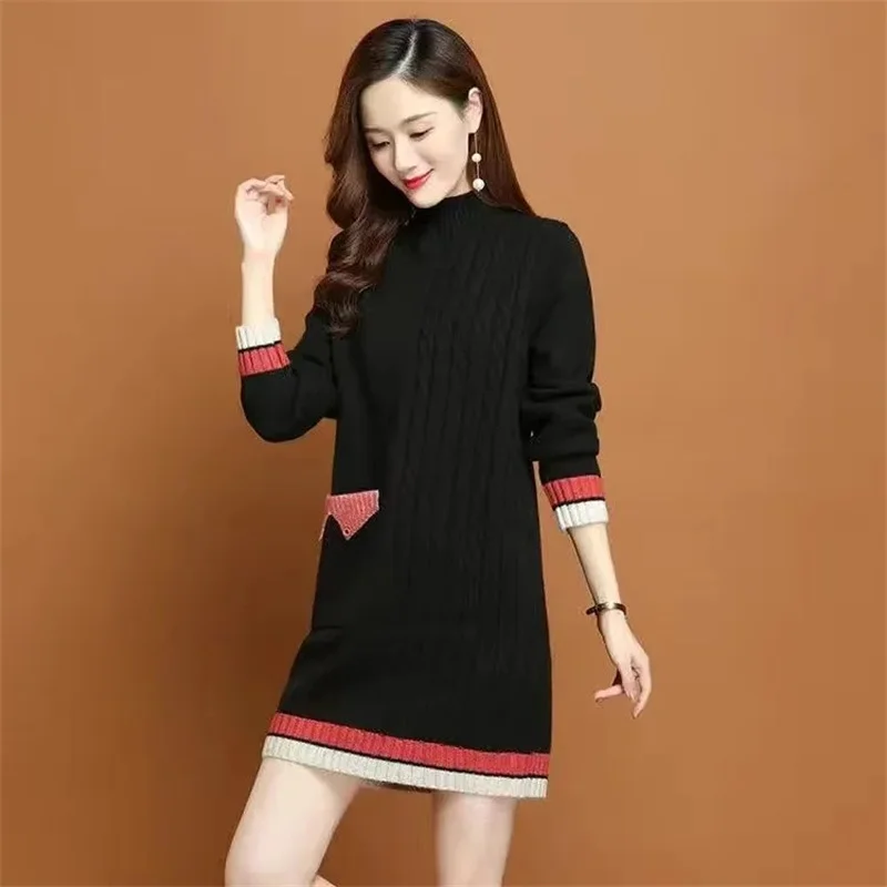 Autumn Women Sweater Pullover 2022 New Color Matching Half Turtleneck Long Knitted Sweater Female Winter Fleece Warm Jumper Tops