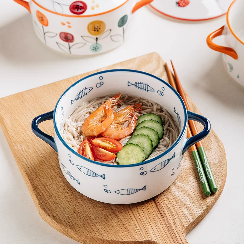 1pc ceramic double ear bowl with cover, 1000ml/34oz Noodles in soup bowl, 15cm/6inch microwave oven bowl