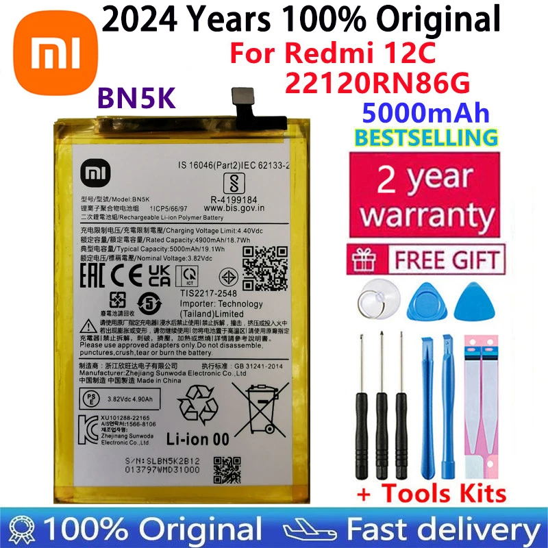 

2024 Years 100% Original Replacement 5000mAh Battery BN5K For Xiaomi Redmi 12C Genuine Phone Batteries Bateria Fast Shipping