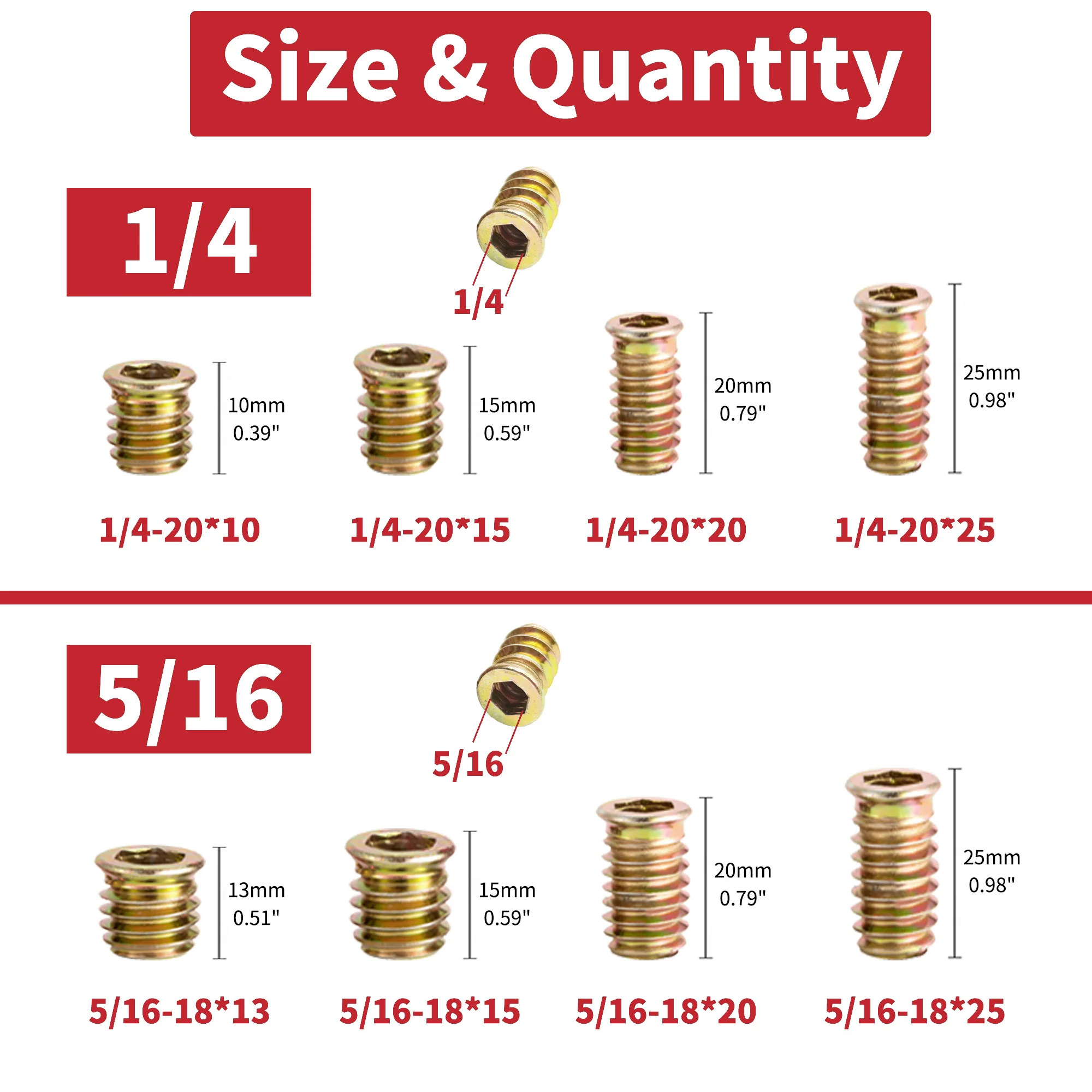 20/40PCS Flanged Hex Drive Furniture Screw in Nut Threaded Wood Inserts Bolt Hex Drive Insert Nuts T-Type Woodworking Wood Inser