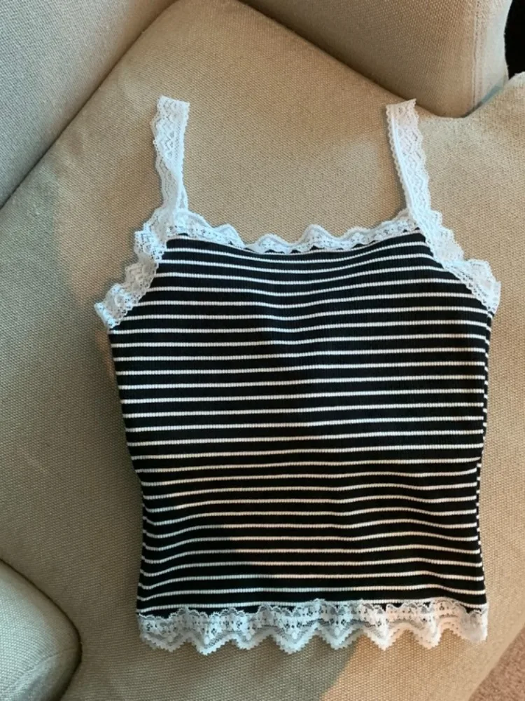 Koreaanse Sle Pittig Meisje Kleur Blo Gestreept Strapl Vest Dames Ele Lace Trim Svel Oulder Bared Ort Top