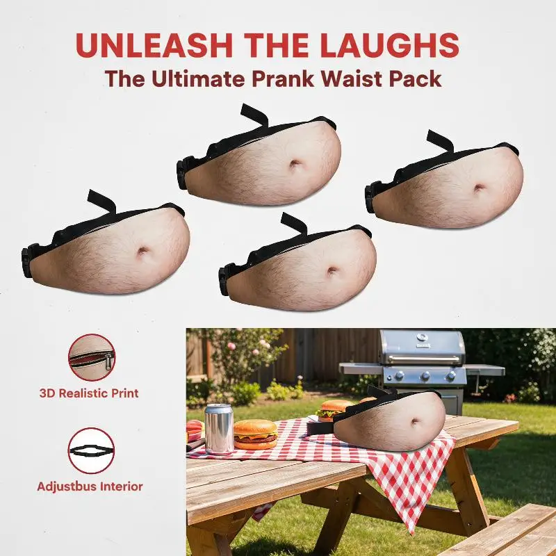 Men's Funny Dad Bod Waist Bag Creative Flesh Color Adjustable Fanny Pack for Travel Running Sports