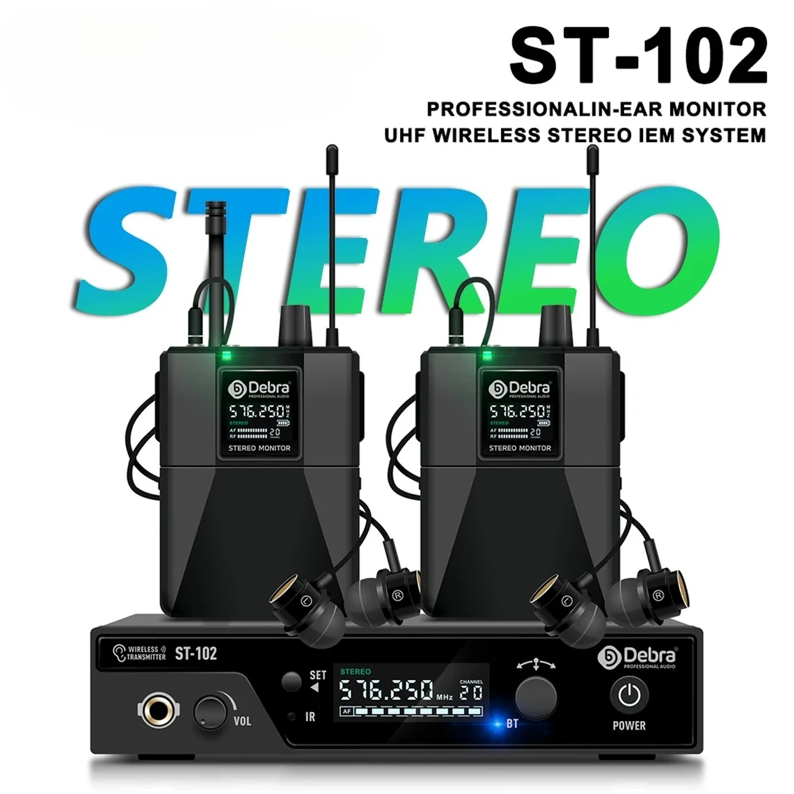 ST-102 Professional Stereo Wireless In-Ear Monitor System with Bluetooth 5.0 UHF for Distance 80-300m for Stage, Theater