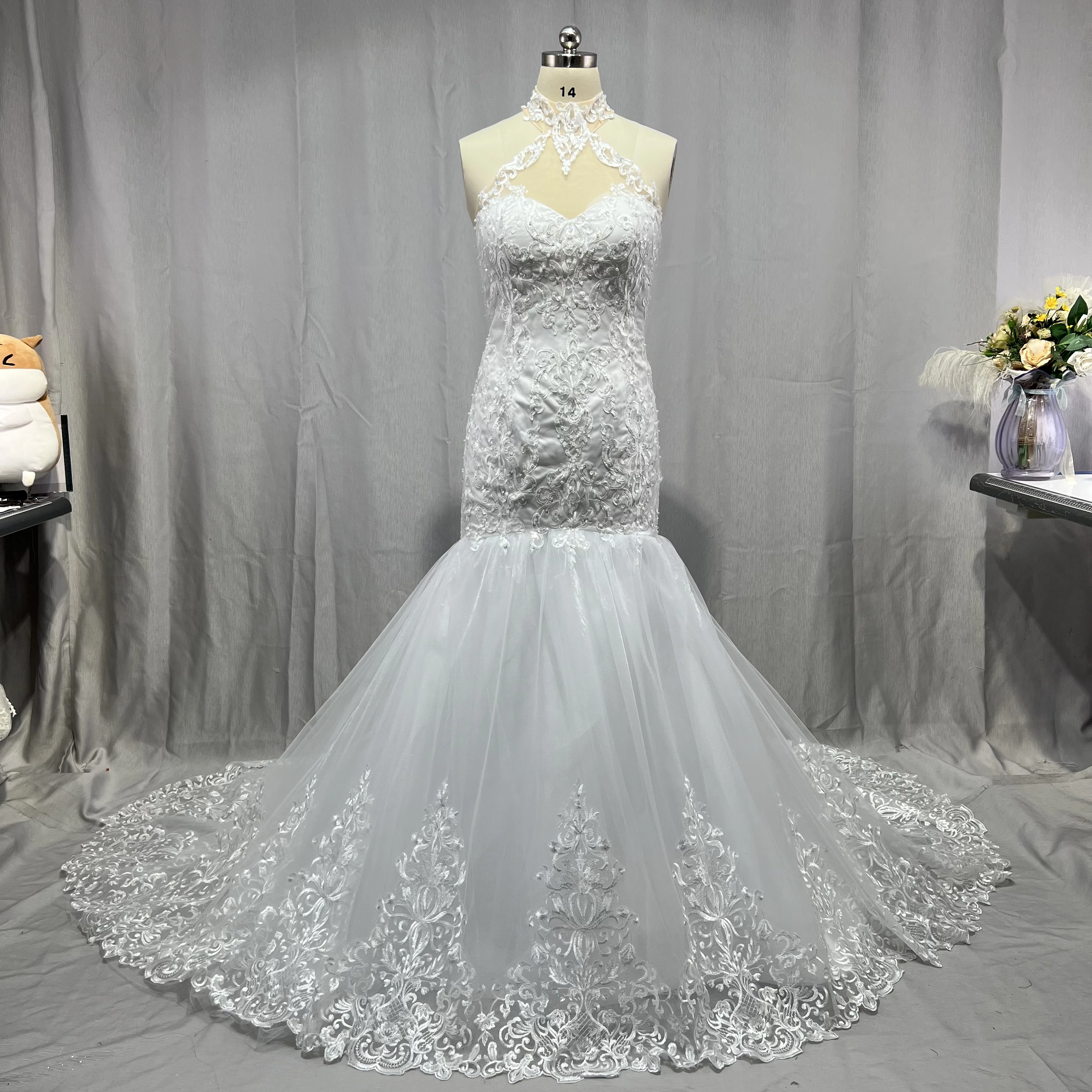 Maßgeschneiderte arabische Aso Ebi Vintage Spitze Perlen Brautkleider Sheer Neck Mermaid Brautkleider Sexy günstige Brautkleider – Detail 10