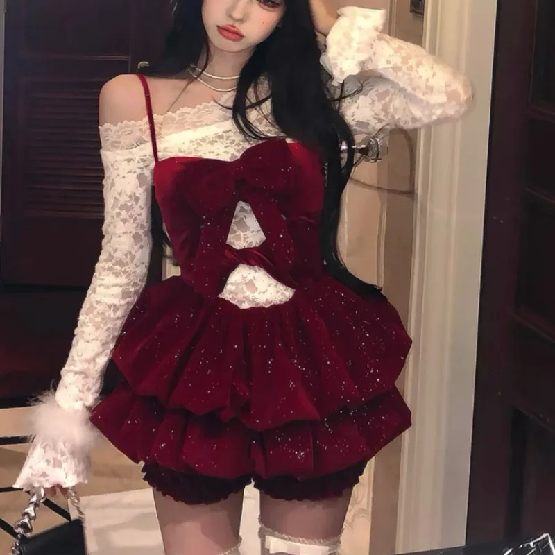 

Рождественские винтажные костюмы, женские кружевные топы + бархатное платье на бретелях, новогодние комплекты из 2 предметов, одежда Y2k, шикарные японские наряды