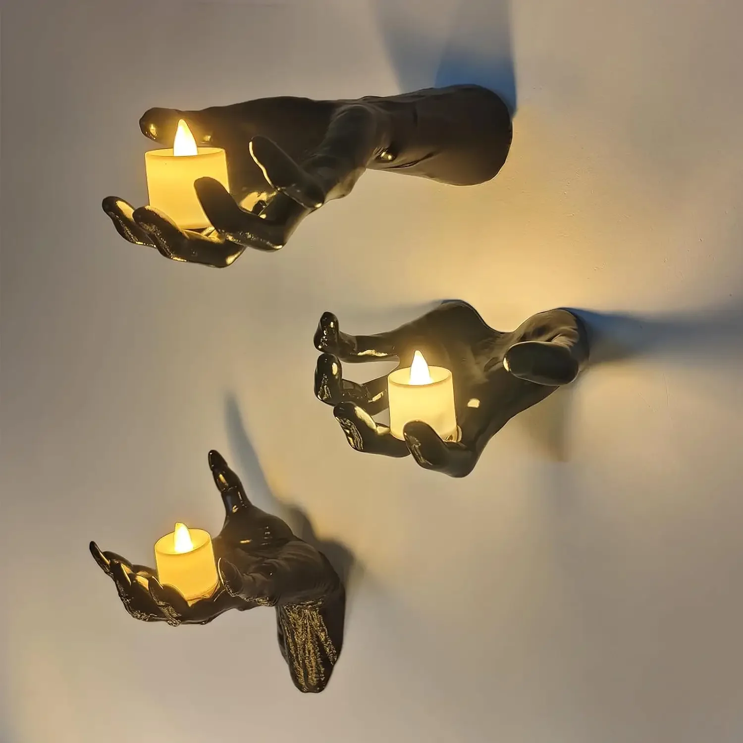 3pcs Wall Mounted Creepy Reaching Hands with Lighted Candles Life-Sized Horror Hands for Halloween Gothic Wall Decorations