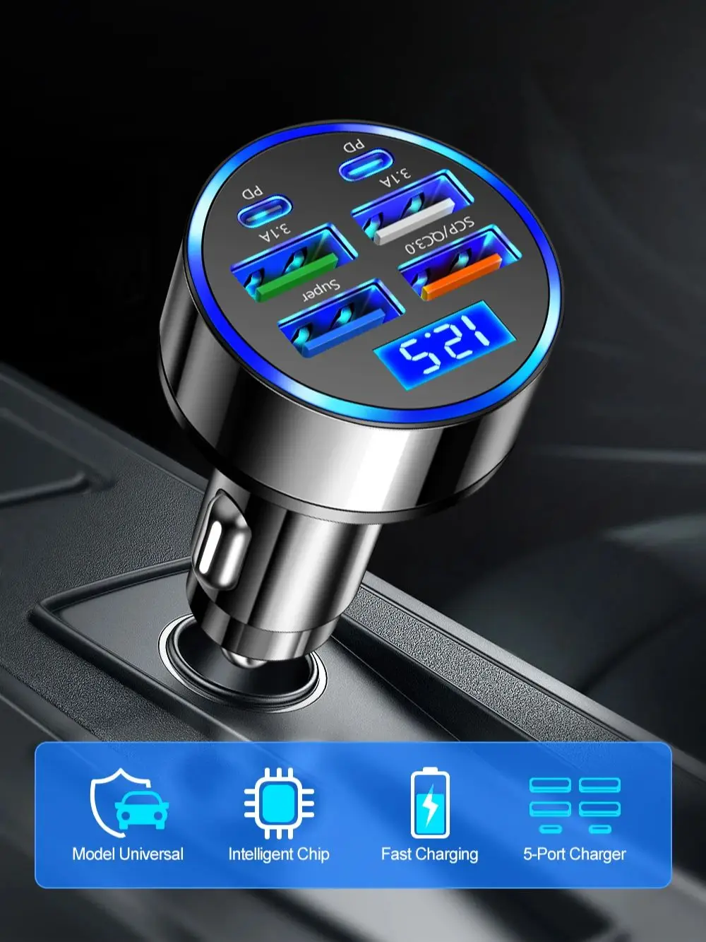 USB tipo C carregador do telefone do carro, 100W, 6 portas, carregamento rápido, PD, QC3.0,