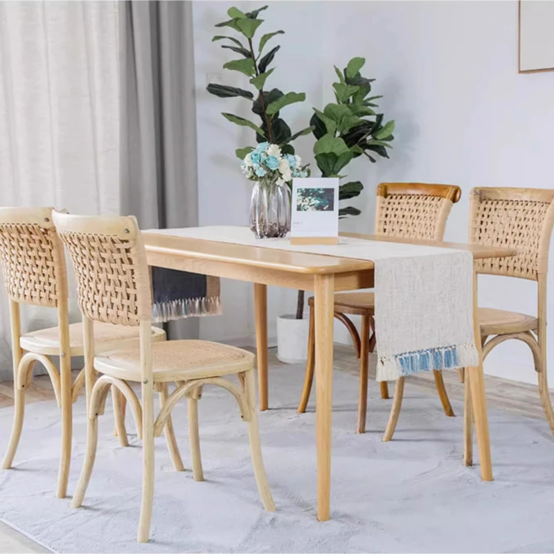 

Scandinavian Dining Chair Vintage Rattan Backrest Chairs with Solid Wood Legs Comfortable Cafe Seat Rustic Tea Room Furniture