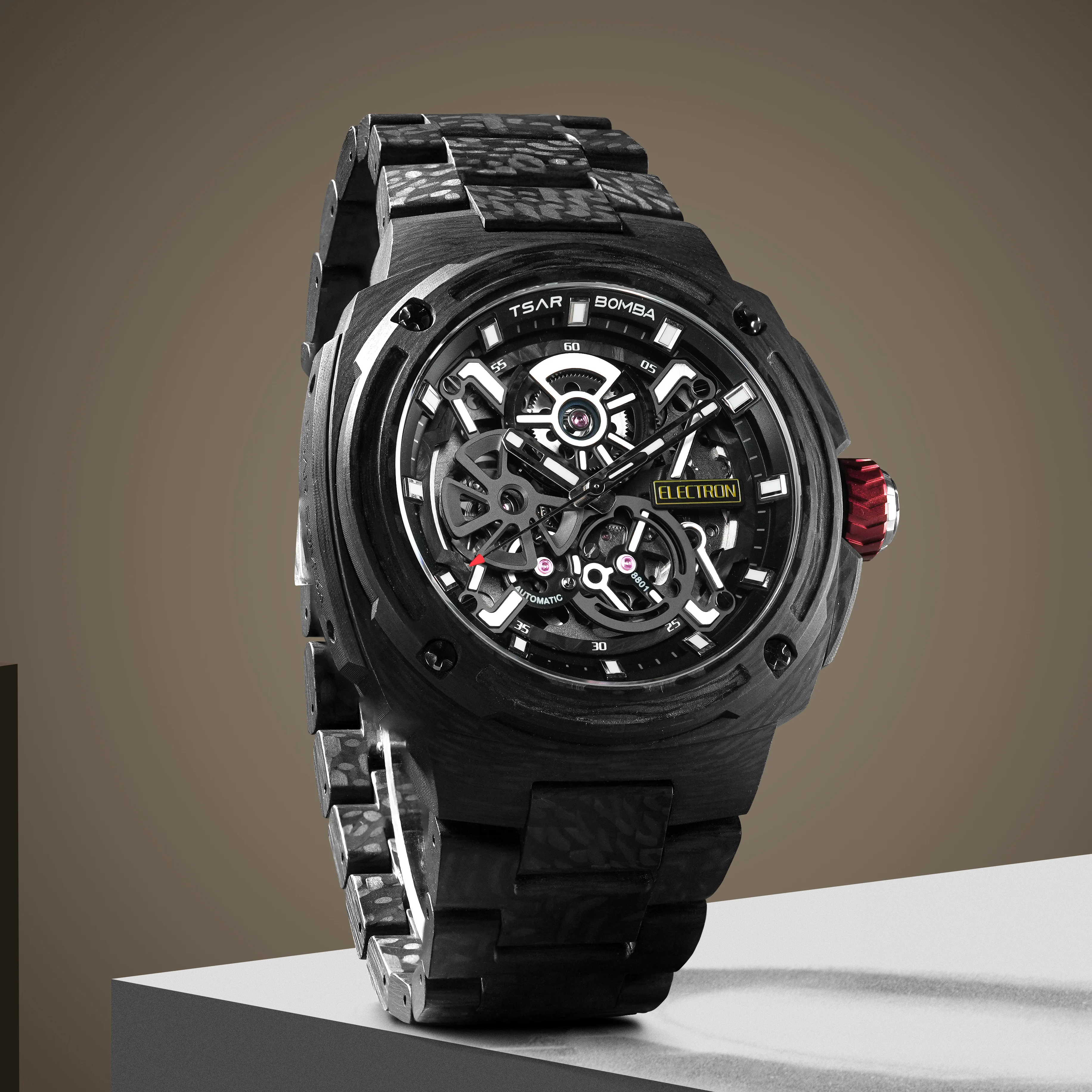 TSAR BOMBA Men's Automatic Watch Carbon Fiber Case Miyota Movement Sapphire Crystal 10ATM Waterproof Luminous Skeleton Watch