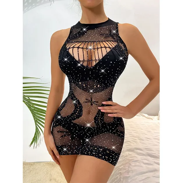 2022 Sommer neue Beach Club Mode ärmellose sexy schiere sexy Kleid Mesh Ausschnitt Mini kleid y2k dünne Nacht kleid heiße Bodycon