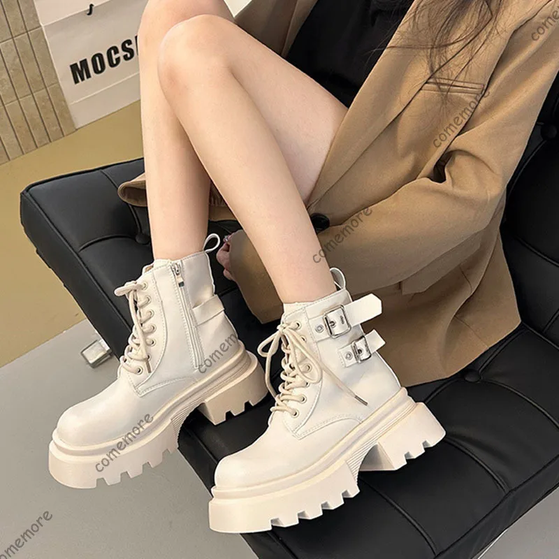 Comemore Women's Chunky Heel Boots Black Leather Platform Ankle Boots for Women Fashion Buckle Strap Lace Up Motorcycle Booties
