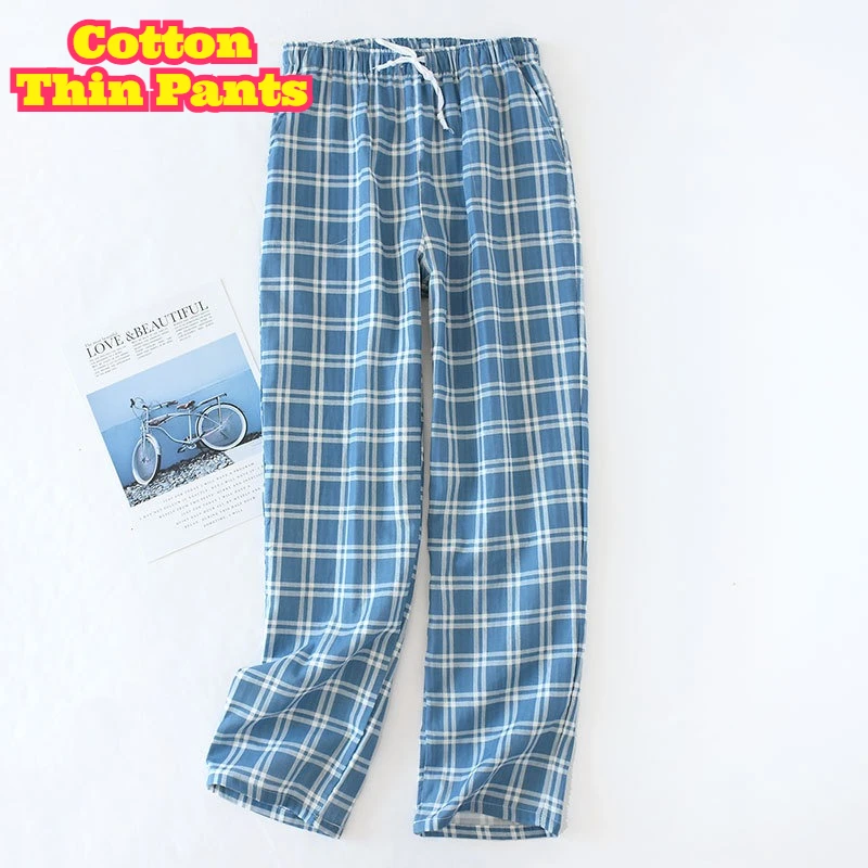 Men Cotton Gauze Plaid Sleep Pants Loose Plus Size Thin Summer Fall Casual Home Lounge Air Room Soft Breathable Long Trousers