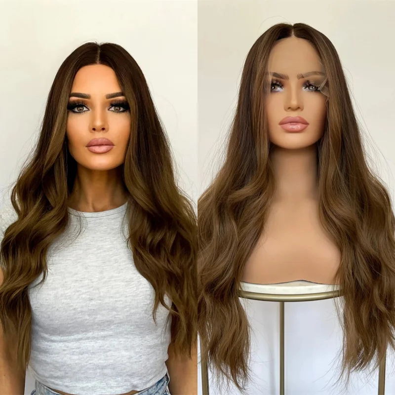 

Ombre Коричневый Хайлайт Парик Фронта Шнурка Термостойкое Волокно Futura Non Flame Объемная Волна Синтетические Волосы HD Парик Фронта Шнурка Бесклеевой Парик