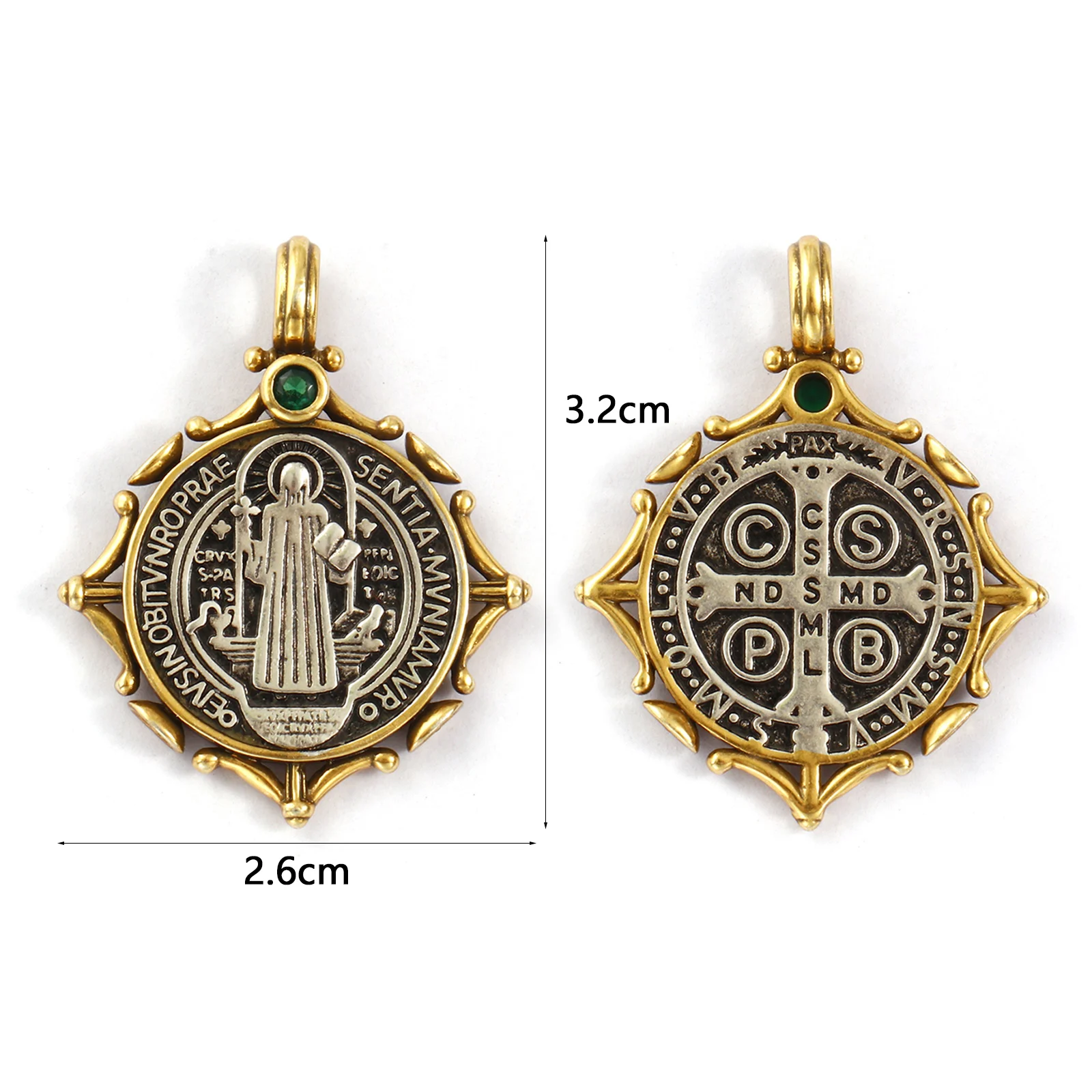 1pc Religious Brass Charms Two Tone St. Benedict Medal Double Sided Green Cubic Zirconia Pendant DIY Necklace Jewelry Findings