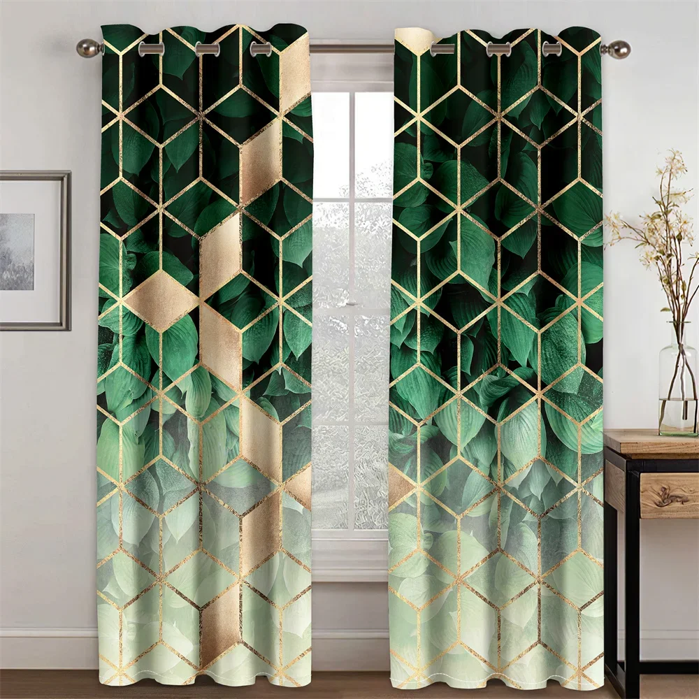 Cheap Modern Green Marble Honeycomb Plaid Gold Leaf 2 Pieces Thin Shading Polyester Curtain Living Room Bedroom Home Decor Hook