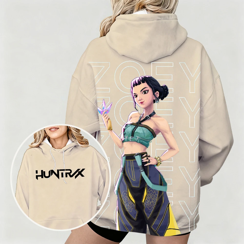هوديي نسائي كبير الحجم مع تصميم رسوم متحركة KPop Demon Hunters Zoey بطباعة شخصية متحركة مزدوجة الجانب للارتداء اليومي غير الرسمي