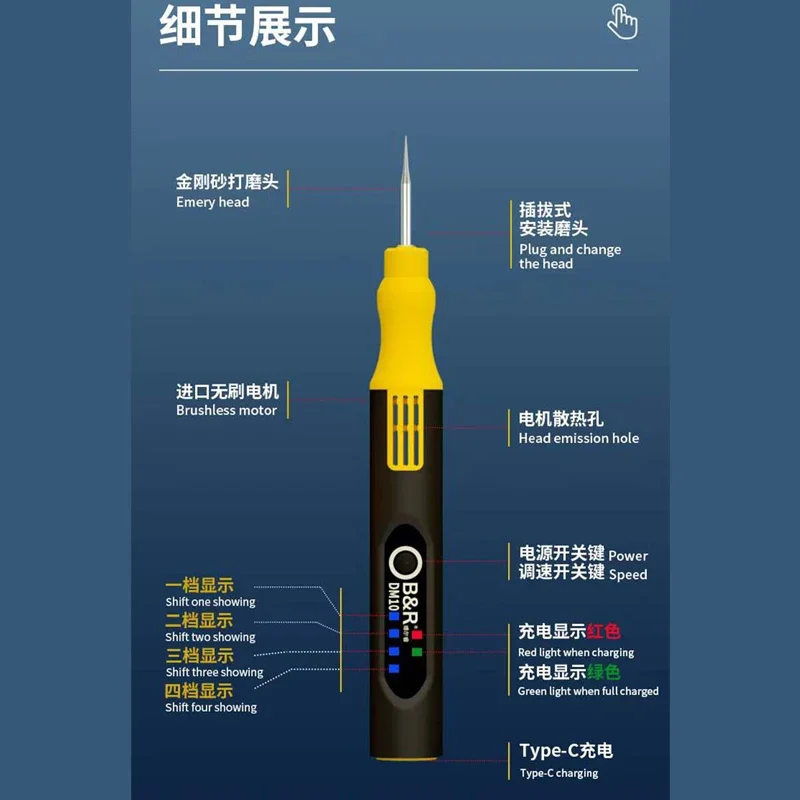 B & R DM10 Pena Pemoles Pena Pengasah Pengisi Daya Cerdas Pena Pengasah USB Pena Pengukir untuk Ponsel CPU IC Alat Pemotong Kisi Pemoles