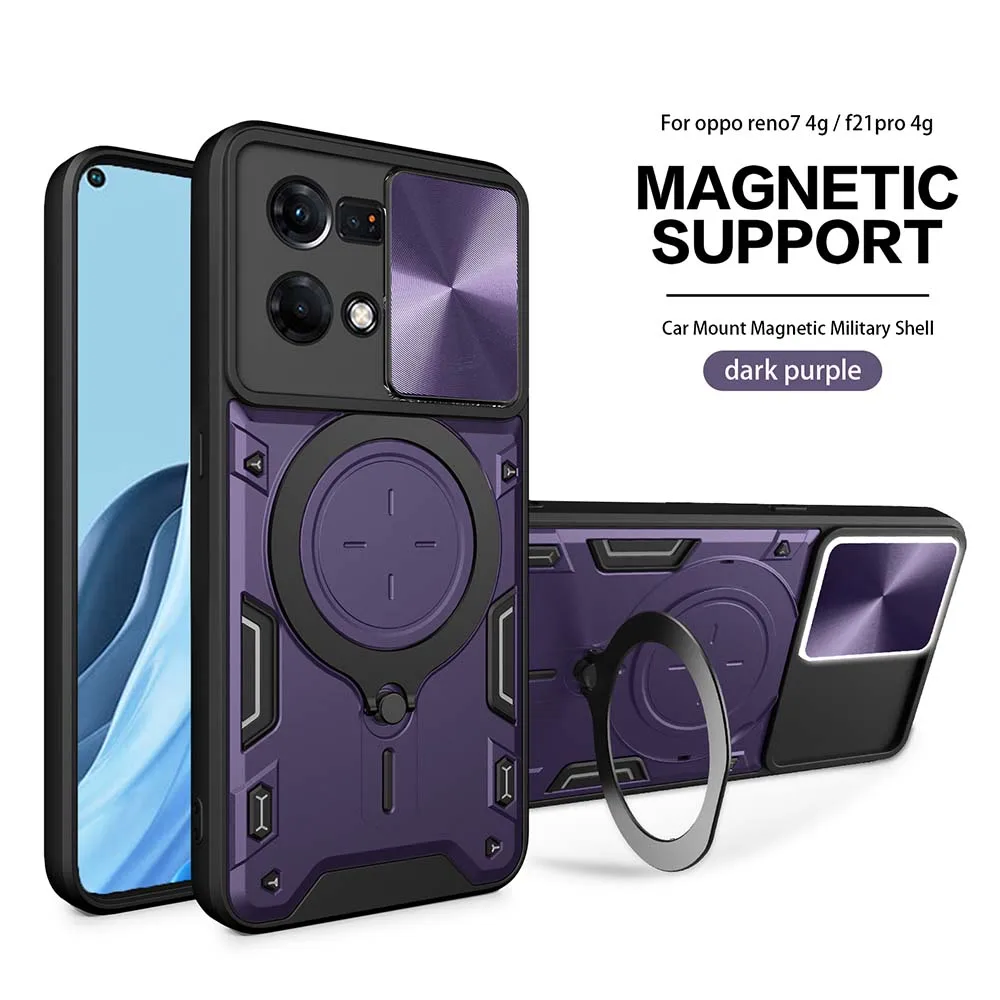 Luxury Slide Camera Case for Oppo Reno7 4G CPH2363 Car Mount Magnetic Holder Shockproof Soft Edges Hard Phone Cover OppoReno7 4G