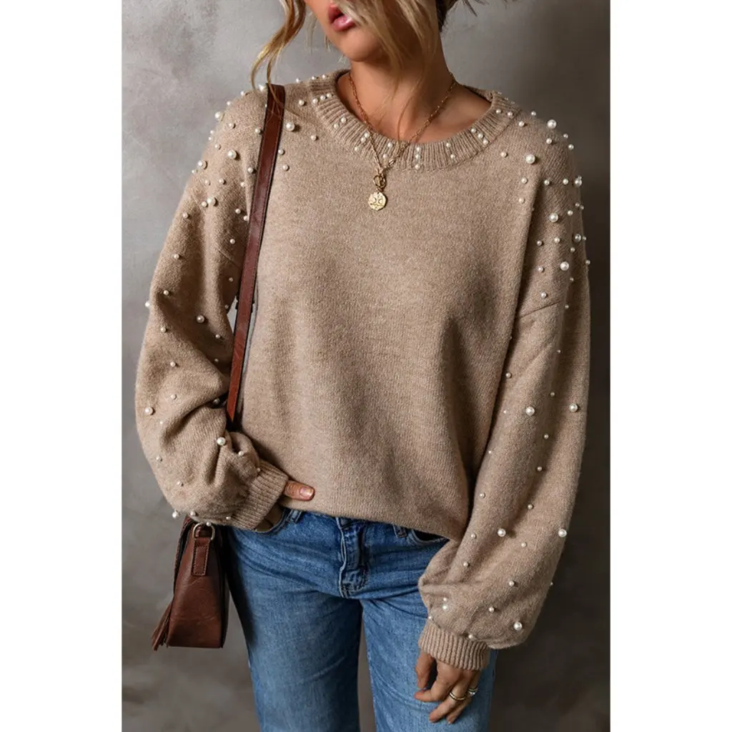 

Women's Beaded Off-Shoulder round Neck Sweater European American Fashion Autumn Winter Personalized Versatile Pullover Top