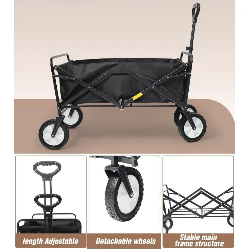 Collapsible Folding Outdoor Utility Wagon, Beach Wagon Cart with All Terrain Wheels & Drink Holders, Portable Sports Wagon