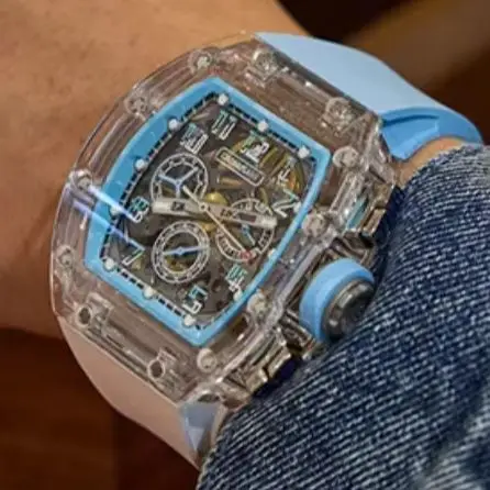 CRONUSART Men Chronograph Watch Tonneau Mechanical Wristwatch Sapphire Case & Mirror Luminous Skeleton Dial Fluororubber Strap
