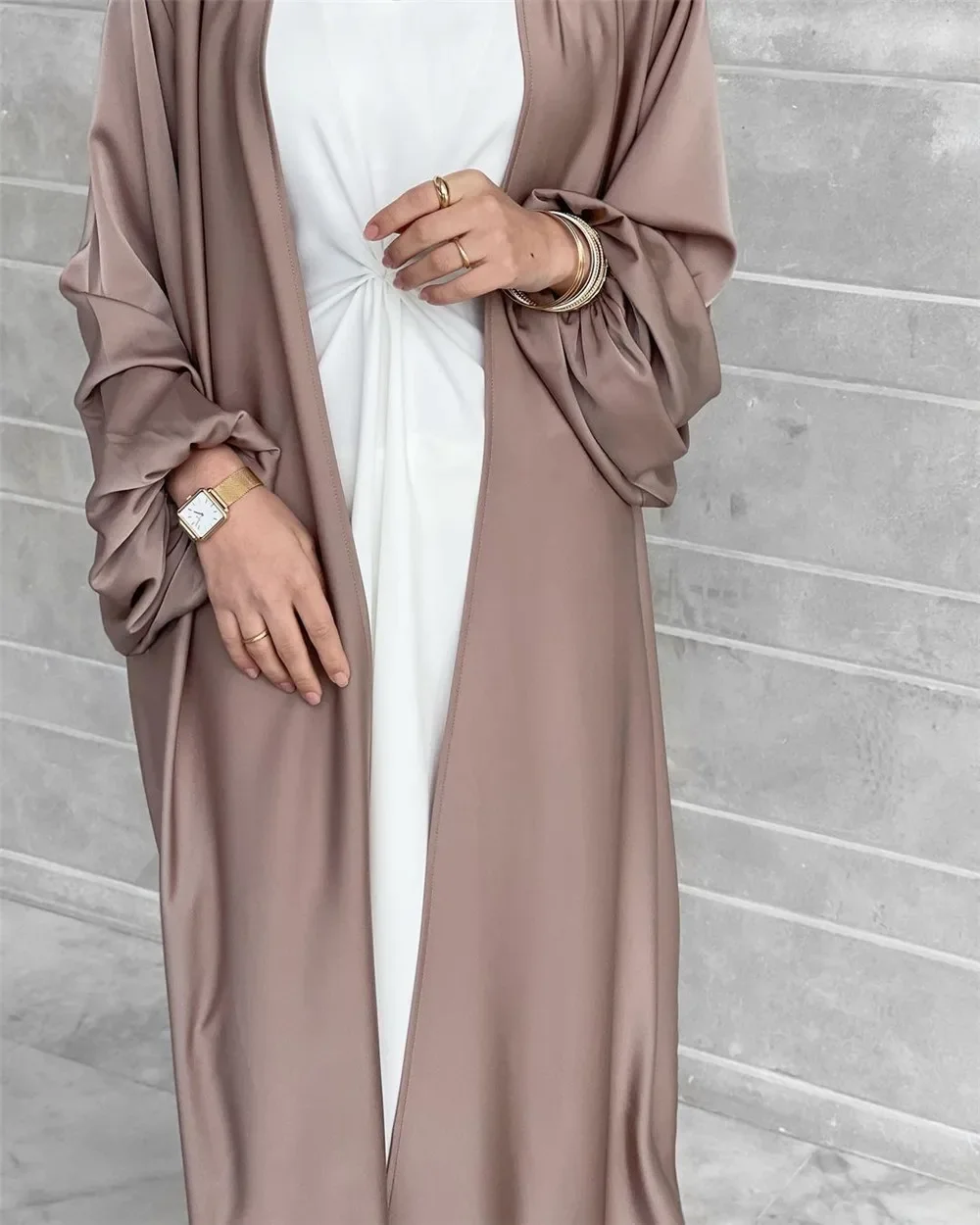 Abaya en Satin Ouvert pour Femme, Kimono de Turquie, Manches Bouffantes, Robe Hijab Musulmane Unie, Islam, Tenue Modeste, Kaftan, Nouvelle Collection