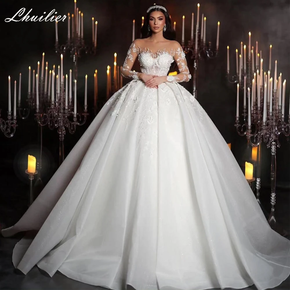 

Lhuilier Customized Ball Gown Illusion Beaded Lace Wedding Dresses Floor Length Full Sleeves Shiny Bridal Gowns