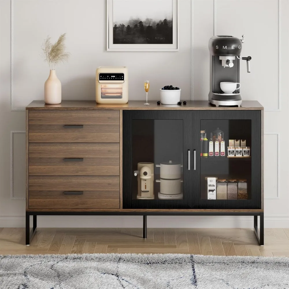 

Buffet Cabinet with Storage, 51" Modern Sideboard Coffee Bar Cabinet, Solid Wood Countertop & Changhong Glass Doors (Dark Walnut