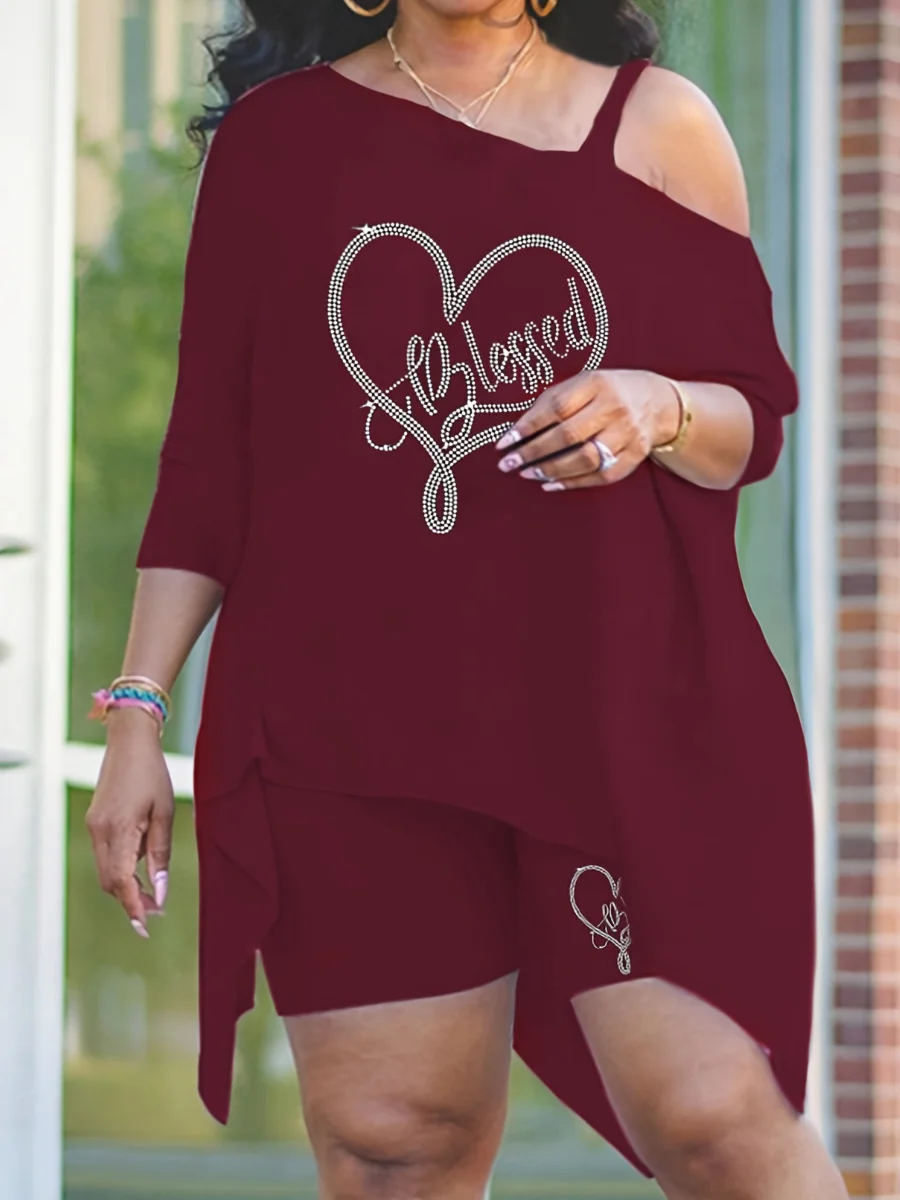 

LW Plus Size shorts sets casual Two-piece Short Hot Drilling Letter print short sleeve boat neck T-shirt + Polyester shorts sets