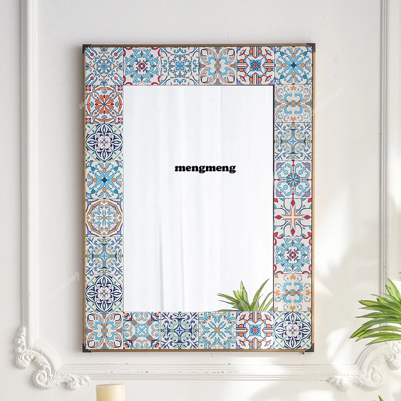 Square makeup mirror Thai tile pattern European Mediterranean wall decoration South East Asia hanging mirror