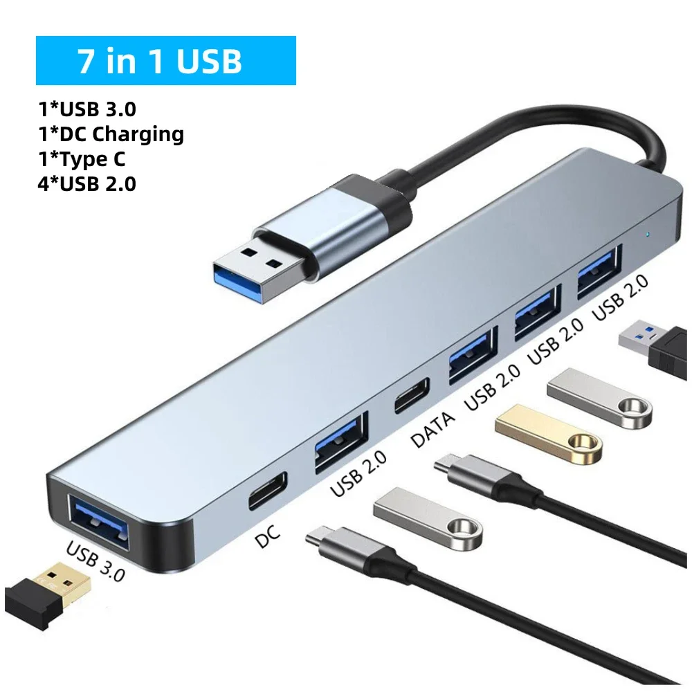 

7 in 1 USB C HUB 3.0 HDTV 4K 60Hz Video 2.0 SD TF Card Slot Reader Multi-Ports PD Charging for PC/Laptops/ Pro