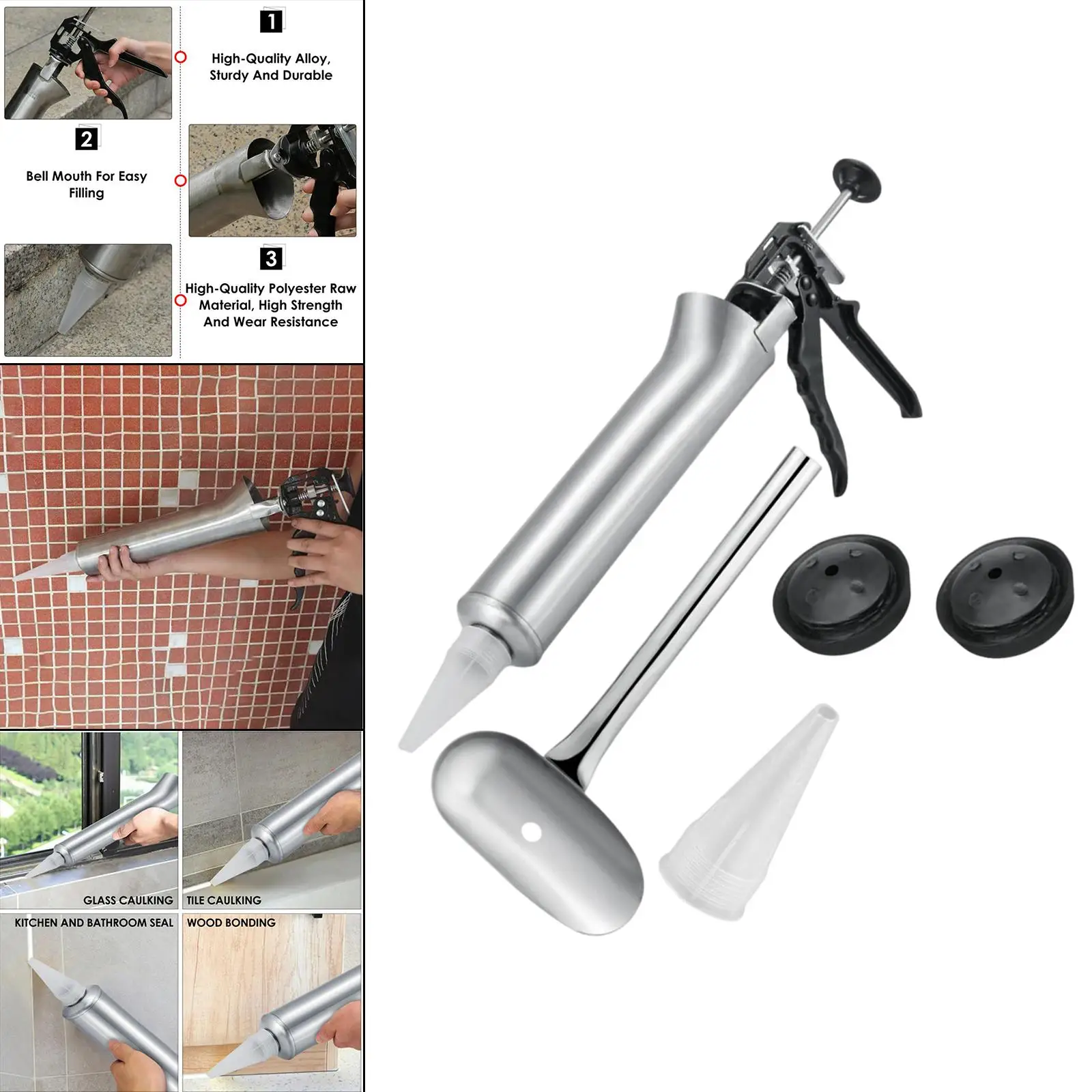 Caulking Gun Hand Tool Ceramic Tile Manual Thicken Stainless Steel with 2 Nozzles Applicator