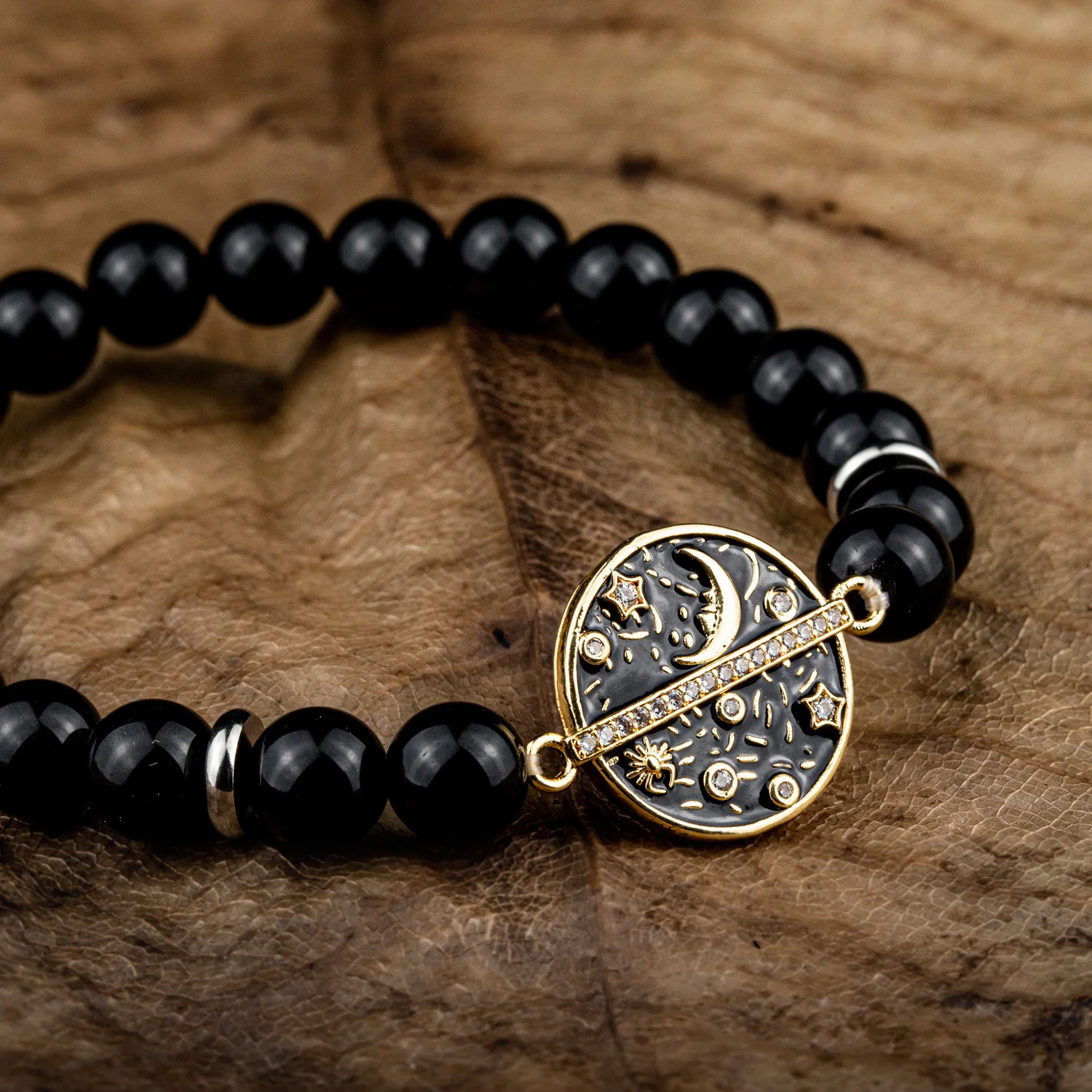 Natural Stone Bracelet Obsidian Beaded Bracelet Moon Celestial Round Charm Vacation Accessories Best Friend Gifts For Men Women