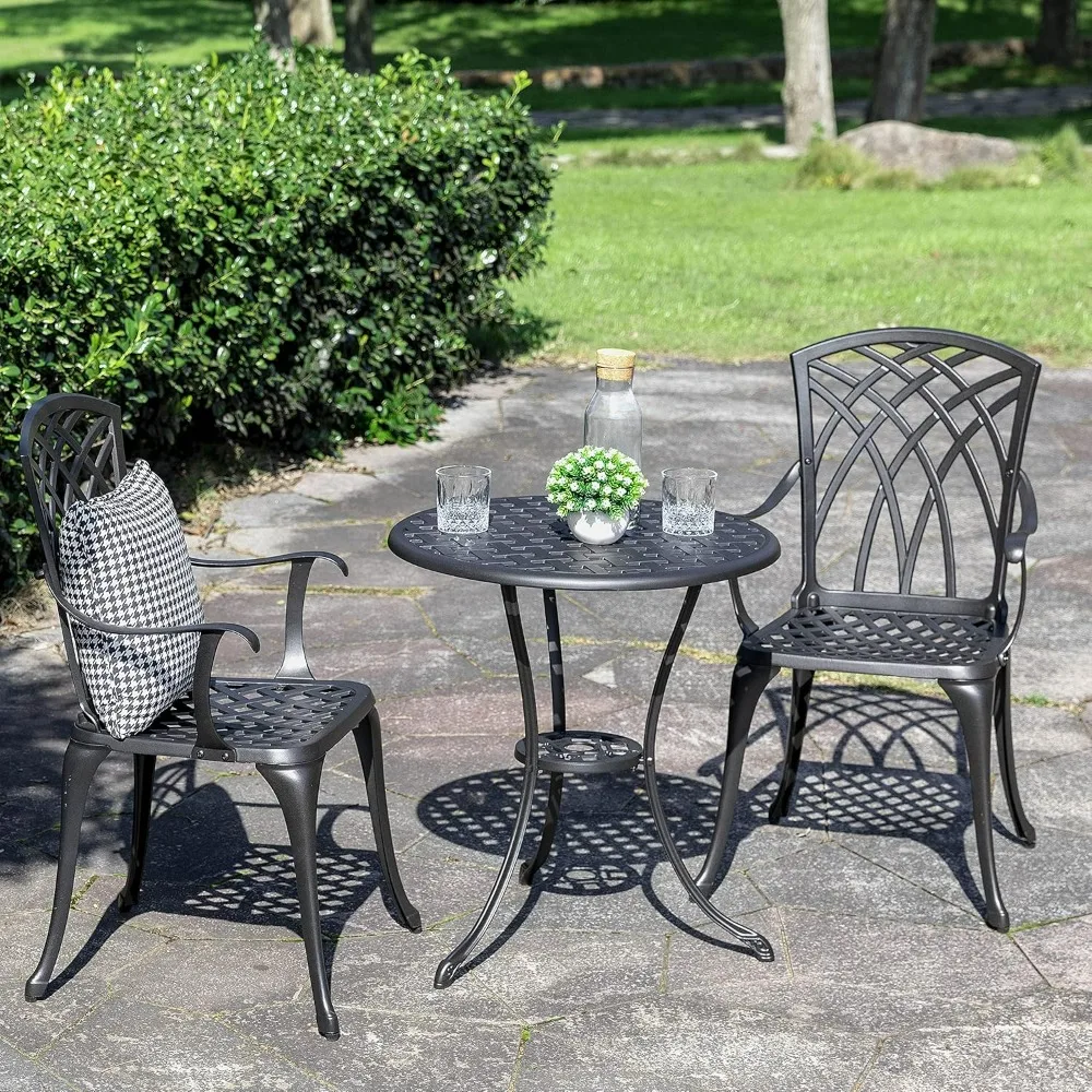 Patio-Bistro-Sets, 3-teiliges Bistrotisch- und Stühle-Set aus Aluminiumguss mit Schirmloch, 2er-Set für Terrasse und Hinterhof, Schwarz