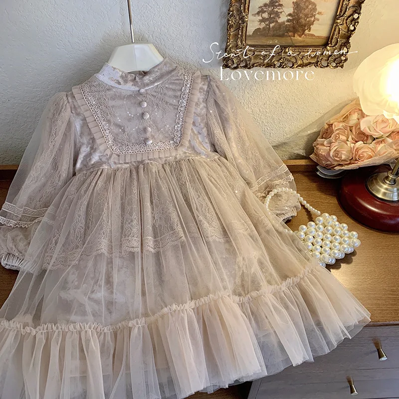 

CXJM-Girls' Autumn and Winter Clothes Velvet Padded Dress2025New Children's Lace Sleeves Thickening Princess Dress Fashionable S