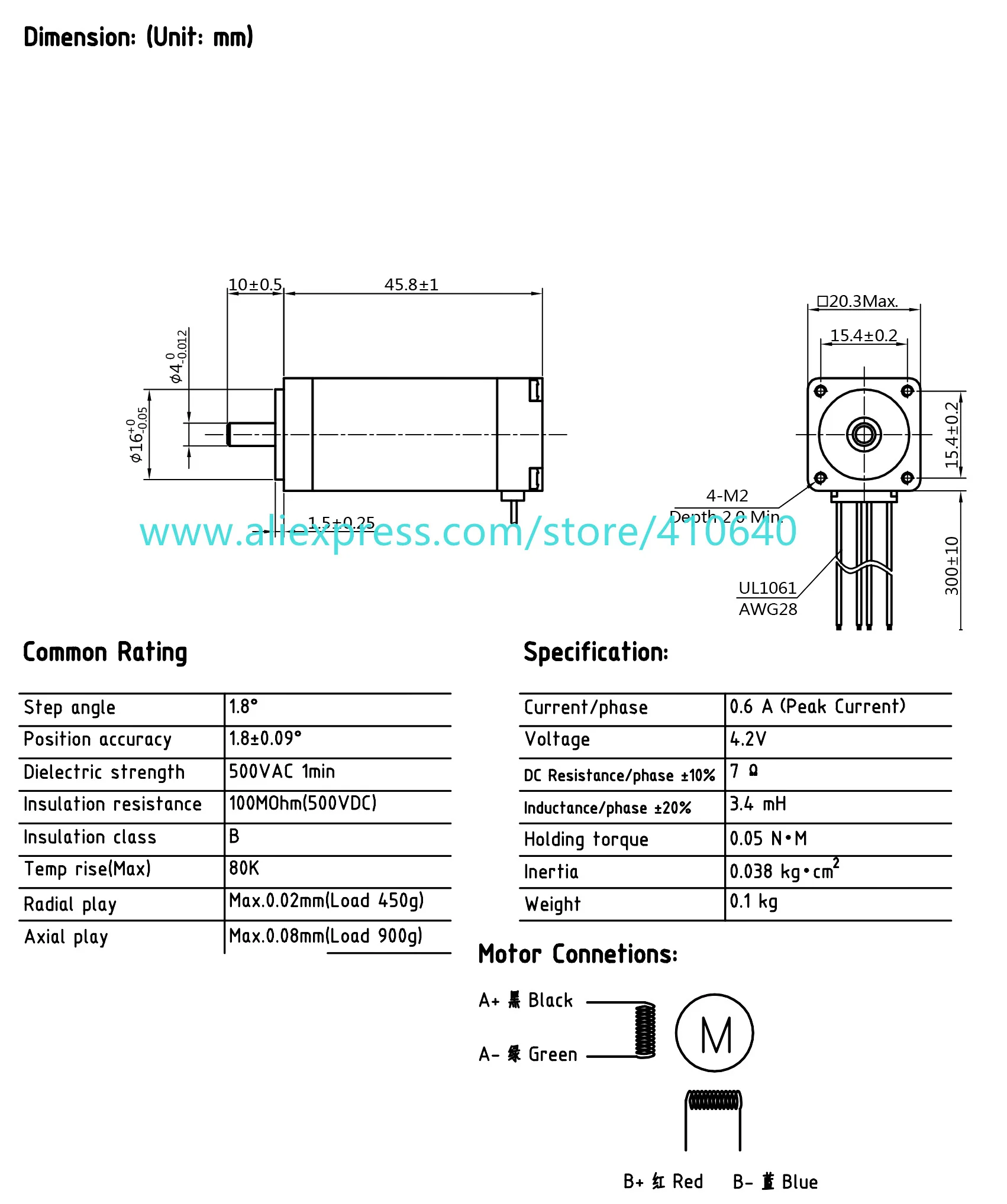 Nema 8ステッピングモーター,20cm005 0.4a,電流0.05 n.m,直径4mm,軸