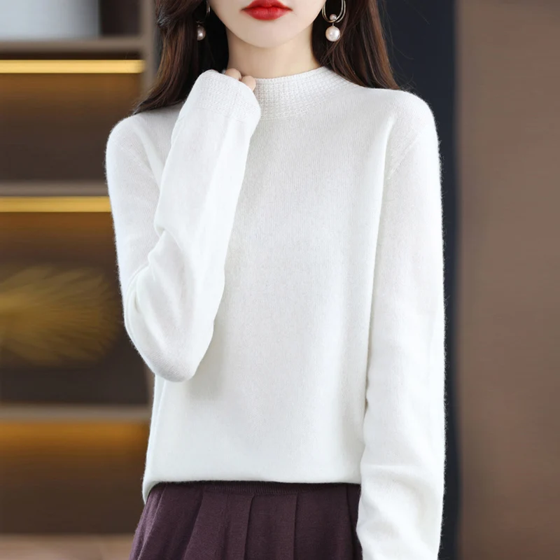 Autumn Winter Woolen Sweater Women's Pure Wool New Half High Round Neck Pullover Long Sleeve Loose  Knit Sweater  Korean Version