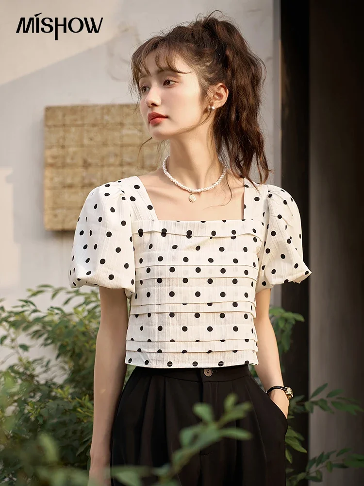 MISHOW French Polka Dot Puff Sleeve Top 2023 Summer Retro Square Neck Rear Collar Lace-up Temperament Short Blouses MXC38X0094