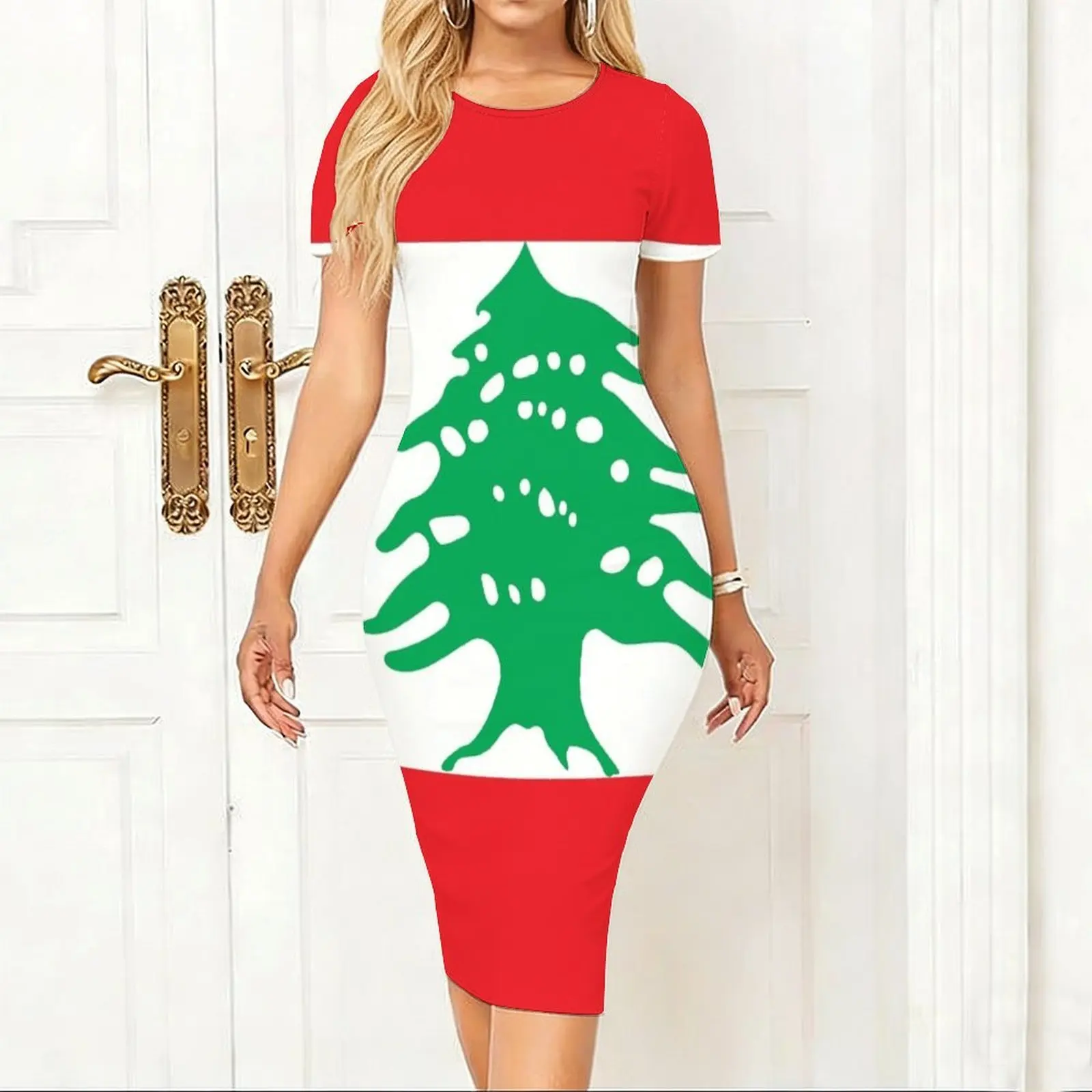 Lebanese Flag of Lebanon Women's Short sleeved Tight Hip hugging Skirt