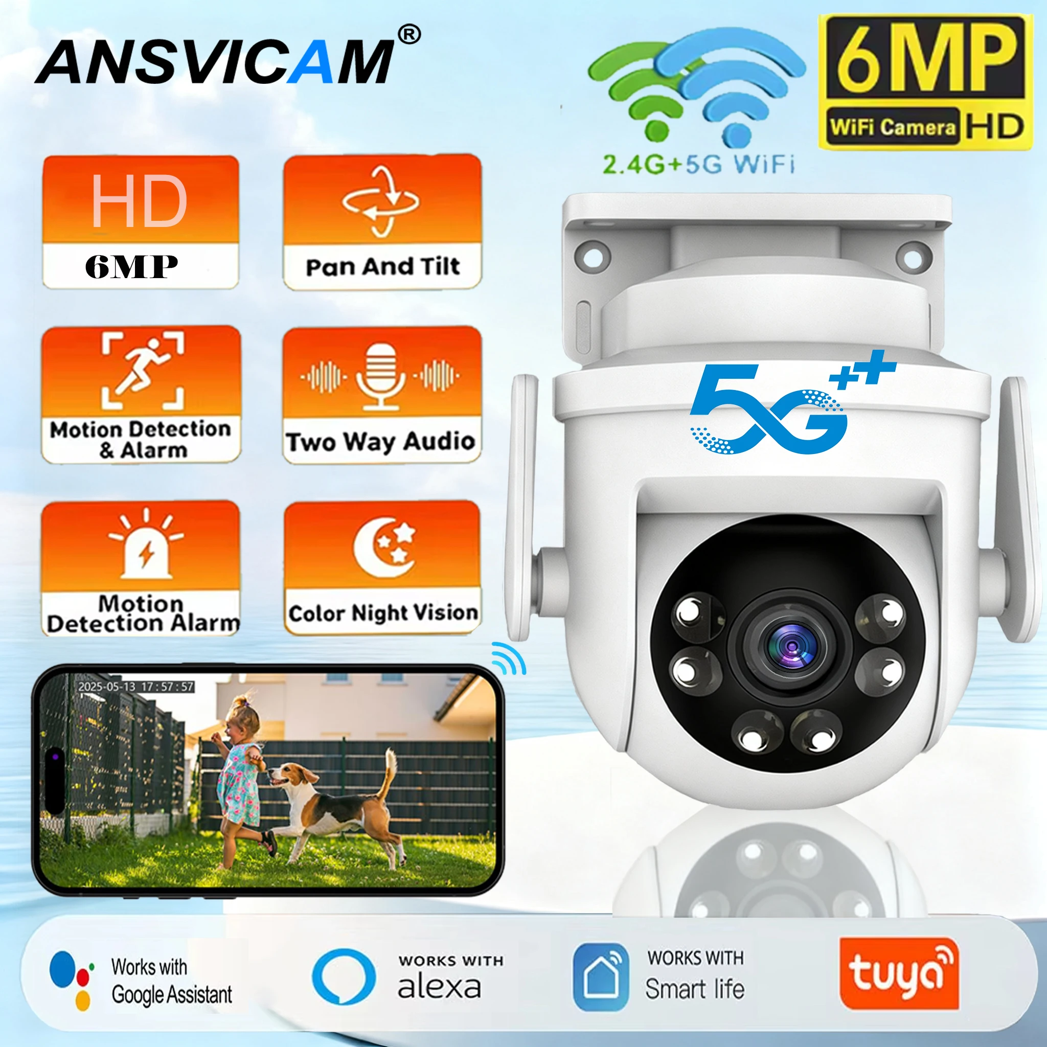 Tuya 2K 6MP Security Camera Outdoor 5G Wifi PTZ IP Camera Color Night Vision PIR Motion Detection Ourdoor Camera Alexa/Goggle