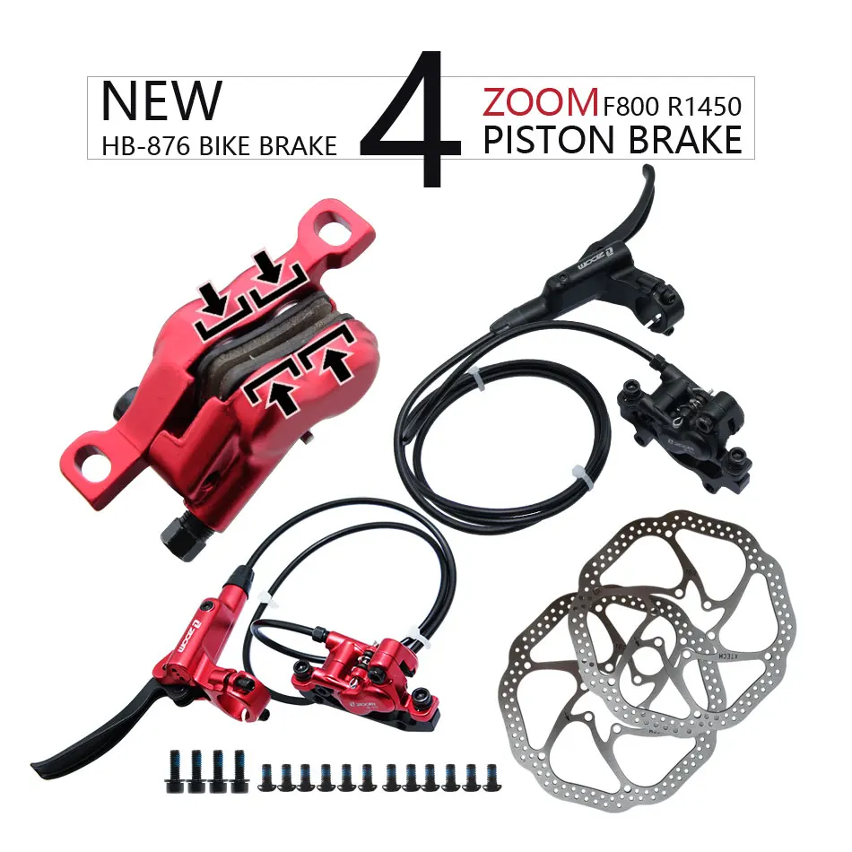 ZOOM HB-876 4 Piston Folding Mountain Bike Disc Hydraulic Brake Set Front 800 Rear 1400 Mm Mtb Bicycle Cramp Red Cycling Parts